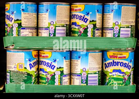 Londra Regno Unito, 16 ottobre 2025, file di tradizionali contenitori Ambrosia Custard classici Foto Stock