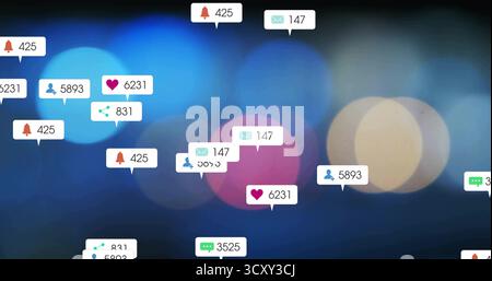 Notifiche mobili sull'interfaccia che mostrano campana, busta, cuore, follower, condivisione, la chat conta Foto Stock