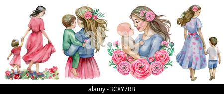 Carnet di biglietti per il giorno della mamma con graziose illustrazioni di acquerelli alla moda di mamma e figlia e fiori primaverili. Modelli per la festa della mamma per poster, copertina e banner Foto Stock