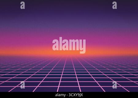 Sfondo di griglia al neon rosa con orizzonte all'alba ed effetto venatura retrò Foto Stock