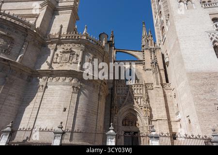 Vista della Cattedrale di Siviglia, uno degli edifici gotici più grandi al mondo, con impressionanti dettagli architettonici e un'atmosfera storica. Un cul Foto Stock