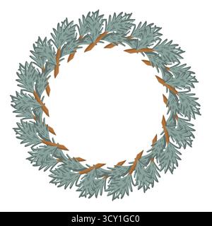 Corona rotonda con rami di abete in stile invernale. Illustrazione isolata del vettore invernale su sfondo bianco. Illustrazione Vettoriale