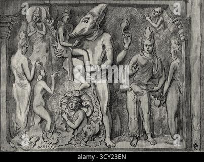 Varaha Mandapa raffigura l'avatar del cinghiale di Vishnu. Pancha Rathas è un complesso monolitico di architettura indiana scavata nella roccia a Mahabalipuram sulla costa di Coromandel della Baia del Bengala, distretto di Chengalpattu, stato del Tamil Nadu, India. Asia meridionale. Eight Days in India, 1876 di Emile Guimet (1836-1918) Drawings from Life di Félix Régamey (1844-1907) le Tour du Monde 1888 Foto Stock
