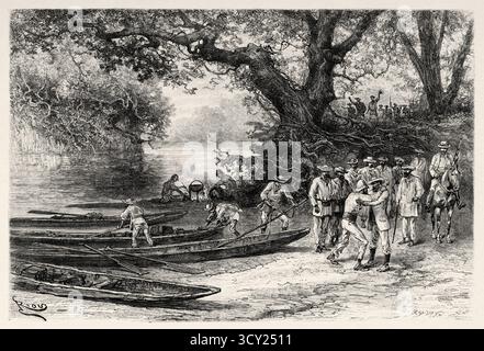 L'esploratore Chaffanjon incontra il generale Jesús Crespo Torres (1841-1898), stato di Bolívar, Venezuela. Sud America. Disegno di Edouard Riou (1833-1900) viaggio attraverso le pianure di Caura, 1885 di M. Jean Chaffanjon (1854-1913) le Tour du Monde 1888 Foto Stock