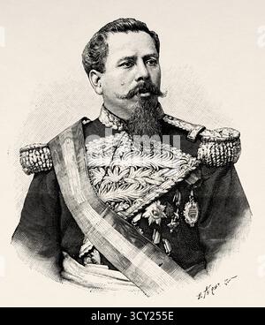 Joaquín Sinforiano de Jesús Crespo Torres (1841-1898) è stato un militare e politico venezuelano, presidente della Repubblica in due occasioni 1884-1886, e 1892-1898. Venezuela, Sud America. Disegno g di Henri Thiriat (1868-1943) viaggio alle sorgenti del fiume Orinoco, 1886-1887 di M. Jean Chaffanjon (1854-1913) le Tour du Monde 1888 Foto Stock
