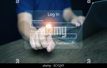Premendo il tasto di accesso sullo schermo virtuale trasparente con nome utente e modulo password, che rappresenta la privacy dei dati, l'accesso sicuro, l'autenticazione, Foto Stock