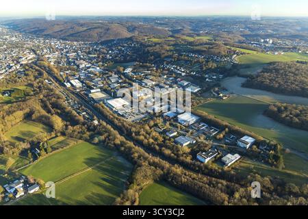 Vista aerea, zona industriale Gewerbestrasse, zona industriale Rosendahler Strasse, Gevelsberg, regione della Ruhr, Renania settentrionale-Vestfalia, Germania, ferrovia Foto Stock