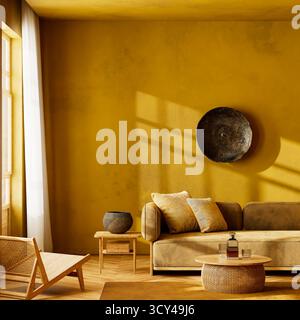 Caldo soggiorno boho eclettico con pareti gialle, arredi artistici a parete, comodo divano e tessuti naturali, a creare un'atmosfera vibrante e invitante. 3D. Foto Stock