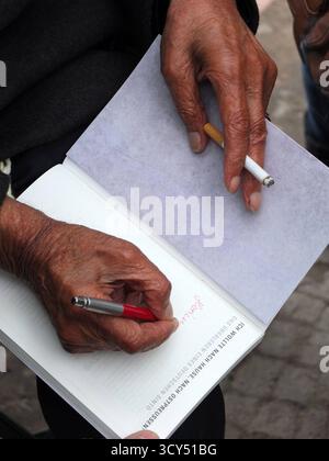 DATA RECORD NON DICHIARATA Reinhard Florian signiert seine Auobiografie bei der Einweihung des Denkmals für die im Nationalsozialismus ermordeten Sinti und Roma Sinti, Berlino, 24.10.2012 Reinhard Florian * 1923 a Matheninken, Ostpreußen 2014 ad Aschaffenburg, 1941 von Gestapo verhaftet, INS KZ Mauthausen deportiert, später ins KZ Gusen und KZ Gusen und Buna Mauthausen, Mauthausen, 1945 1945. Erst in den 1980er-Jahren erhielt er eine Entschädigung. DAS Denkmal für die im Nationalsozialismus ermordeten Sinti und Roma Europas ist eine Gedenkstätte am Foto Stock