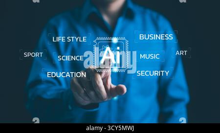 Intelligenza artificiale AI. Una persona che interagisce con un'interfaccia olografica che mostra l'influenza dell'intelligenza artificiale in diversi settori, come il business, ed u Foto Stock