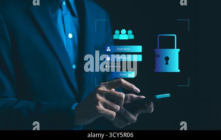 Concetto di sicurezza informatica. L'utente immette nome utente e password per accedere alle informazioni personali. Protezione dell'accesso ai dati e accesso a Internet sicuro, Foto Stock