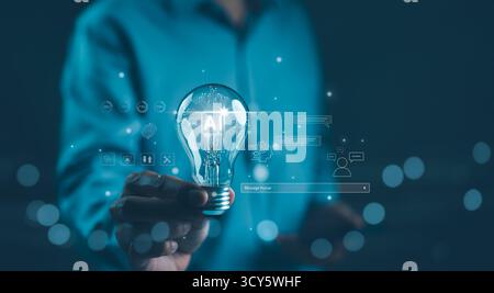 Concetto di intelligenza artificiale. Uomo d'affari con in mano una lampadina luminosa con il simbolo "ai", che rappresenta l'intelligenza artificiale Foto Stock