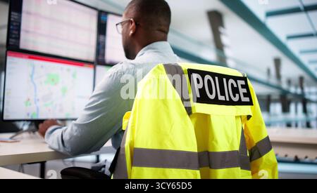 Operatore del call center di emergenza: Schermate di monitoraggio per i servizi di supporto della polizia Foto Stock