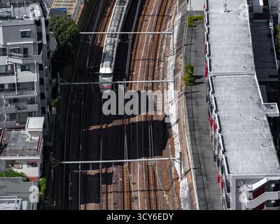 Treno aereo pendolare su binari sopraelevati tra gli appartamenti di Tokyo Foto Stock