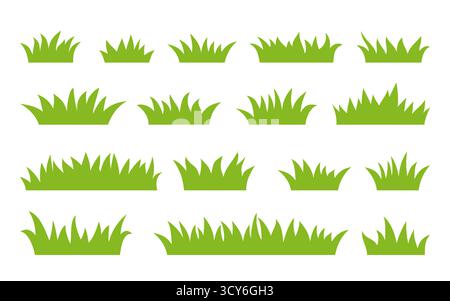 Ciuffi verdi in un set di cartoni animati piatto. Lame verdi, grumi, prati di varie dimensioni e forme. Le file di ciuffi erbacei, i grumi di vegetazione si curano dolcemente. Silhouette semplice in primavera o in estate Illustrazione Vettoriale