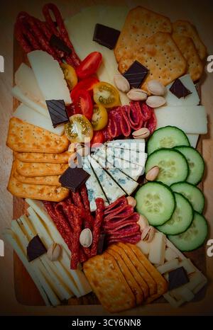 Colorato tagliere sospeso con formaggi assortiti, cracker, salumi, verdure, noci e cioccolato su un piatto da portata in legno. Foto Stock