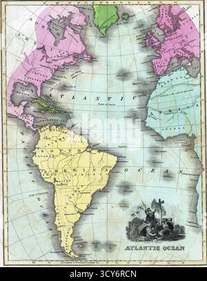 SEATTLE -SEP 11, 2022 - Mappa antica dell'oceano atlantico che mostra gli imperi coloniali nel 1808, con esploratori che piantano una croce su la recentemente scoperta Foto Stock