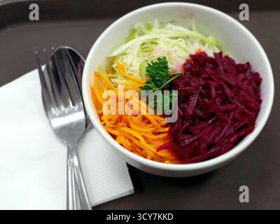 Un'insalata colorata con prezzemolo fresco, barbabietole rosse grattugiate, carote grattugiate e cavolo tritato si trova in una ciotola, pronta per essere gustata. Foto Stock
