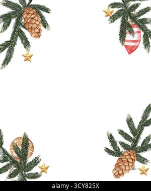 Cornice rettangolare ad acquerello con rami di abete verde, coni di pino e ornamenti natalizi rossi e dorati. Illustrazione delle feste disegnata a mano con spazio per le copie su sfondo bianco per i progetti delle festività Foto Stock