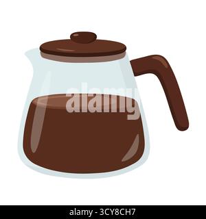 Caffettiera in vetro con coperchio in plastica marrone e manico riempito di caffè scuro. Ideale per utensili da cucina, preparazione di caffè all'americana, routine mattutina e bevande correlate Illustrazione Vettoriale