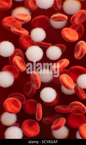 Globuli rossi con concetto biologico e medico, rendering 3d. Illustrazione 3D. Foto Stock