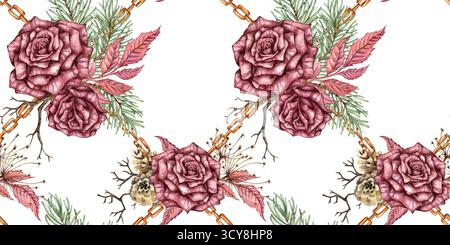 Rose di Borgogna, rami di abete, coni, rami secchi, fiori secchi, illustrazione ad acquerello con motivo senza cuciture per foglie e catene. Isolato, adatto per C Foto Stock