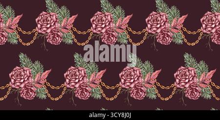 Rose di Borgogna, rami di abete, coni, rami secchi, fiori secchi, foglie e catene motivo senza cuciture, illustrazione ad acquerello. Deep Maroon isolato, S. Foto Stock