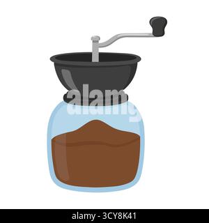 Smerigliatrice manuale classica con ciotola nera e manovella. Caffè macinato visibile nella base. Ideale per la preparazione artigianale, la cultura del caffè lento o la visua a tema retrò Illustrazione Vettoriale