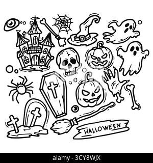 Doodles di Halloween bianco e nero con fantasmi, teschi, calderoni e molto altro ancora - illustrazione vettoriale Foto Stock