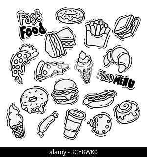Icone del fast food in bianco e nero, tra cui pizza, hamburger, patatine fritte e altro ancora - illustrazione vettoriale Foto Stock