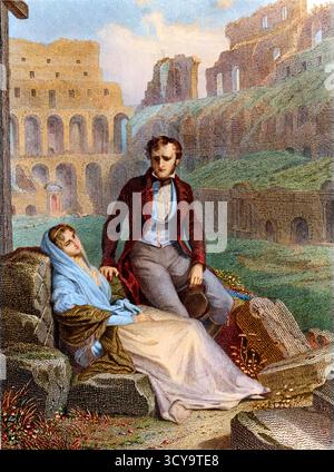 Francois Rene Vicomte de Chateaubriand e Pauline de Beaumont tra le rovine del Colosseo, illustrazione da 'Memoires d'Outre-Tombe' di Chateaubriand, incisione su Felix Philippoteaux (1815-1884) - Pauline de Beaumont et Francois-René de Chateaubriand, dans les ruines du Colisée a Rome Foto Stock