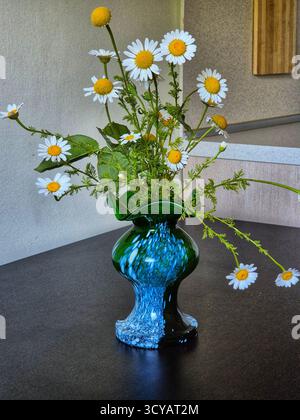 bellissimi fiori su un tavolo di legno. daisies in un vaso Foto Stock