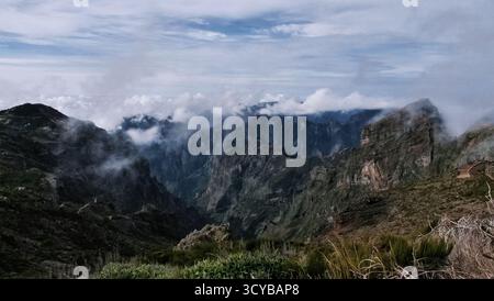 Paesaggio montano nebbioso con scogliere spettacolari, luce mattutina e rocce rossastre. Le nuvole eteree attraversano valli verdi. Perfetto per la natura, trav Foto Stock