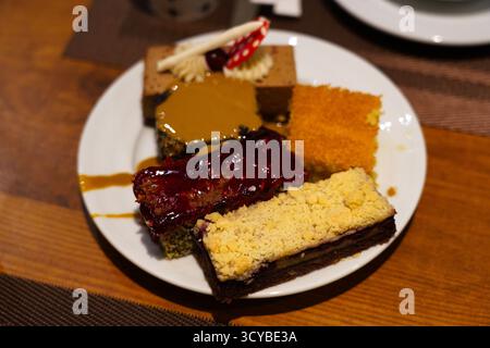 Un delizioso assortimento di torte colorate su un piatto, che presenta vari sapori e texture con ricchi condimenti e strati cremosi per tentarli Foto Stock