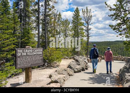 Yellowstone, Wyoming, Stati Uniti d'America - 30 maggio 2025: Persone che camminano fino al punto panoramico per il Grand Canyon del Parco Nazionale di Yellowstone. Foto Stock