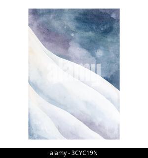 Paesaggio invernale neve bianca pendio di montagna cielo buio notturno. Sfondo minimalista artico del Mare del Nord. Acquerello illustrazione panoramica disegnata a mano desi Foto Stock