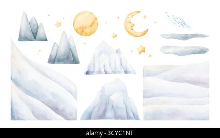 Glacier Ice Snow Mountain Slope Snowfield Crescent Moon Stars. Gli elementi del paesaggio artico del Mare del Nord impostano l'illustrazione disegnata a mano con acquerello isolata su Foto Stock