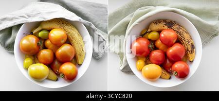 La maturazione di pomodori verdi crudi con banane è efficace perché il gas etilenico della banana accelera il processo. Foto Stock