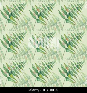Motivo senza cuciture con felce verde. Illustrazione ad acquerello di una pianta forestale su sfondo verde chiaro. Lo sfondo senza cuciture è disegnato a mano Foto Stock
