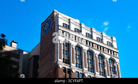 New York, Stati Uniti d'America, facciata del Freemason Building con Symbol , Masonic Hall, NYC Foto Stock