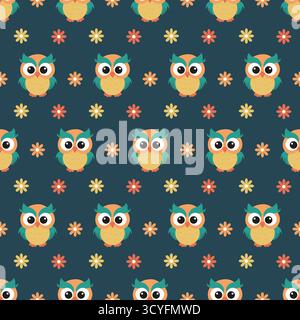 Motivo senza cuciture con gufi e fiori simpatici. Illustrazione Vettoriale