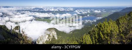 Panorama da Tegelberg, 1881 m, su Forggensee e Bannwaldsee, Ostallgaeu, Baviera, Germania Foto Stock