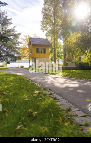 Il sentiero conduce davanti a una casa di legno circondata da alti alberi alla luce del sole, Ueberlingen, lago di Costanza, Germania Foto Stock
