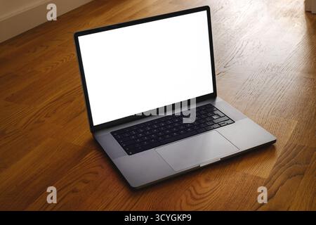 Computer portatile moderno con display vuoto su pavimento in legno duro, modello per contenuti digitali, tecnologia o concetto di lavoro remoto. Messa a fuoco selettiva. Foto Stock