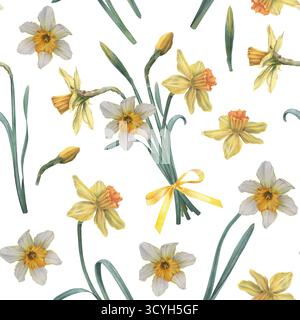 Bouquet di narciso con foglie e boccioli verdi. Acquerello botanico disegnato a mano motivo senza cuciture su sfondo bianco, perfetto per carte di credito e matrimoni Foto Stock