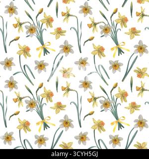 Bouquet di narciso con foglie e boccioli verdi. Acquerello botanico disegnato a mano motivo senza cuciture su sfondo bianco, perfetto per carte di credito e matrimoni Foto Stock