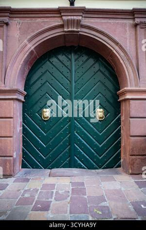Ingresso all'edificio. Grandi porte in legno verde antico con battitori di leone dorato Foto Stock