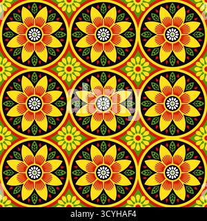 Set di motivi floreali vettoriali colorati in forme circolari e diamanti, ispirati ai tradizionali disegni di ricami dell'arte popolare Ucraina e polacca. Illustrazione Vettoriale