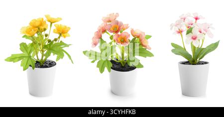 Collage di piante finte in vasi su sfondo bianco Foto Stock