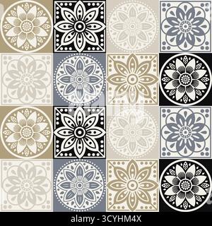 Set di motivi floreali vettoriali colorati in forme circolari e diamanti, ispirati ai tradizionali disegni di ricami dell'arte popolare Ucraina e polacca. Illustrazione Vettoriale